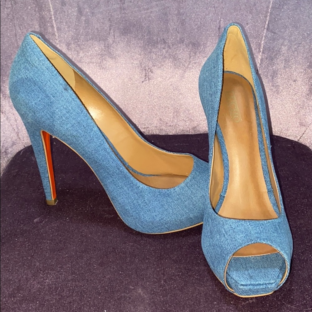 Never worn! Lucho Denim Peep Toe Pumps